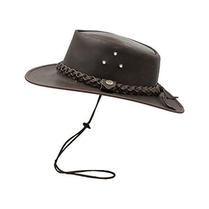 WALKER AND HAWKES - Premium Brown Full Grain Cowhide Leather Outback Braided Traveller Hat for Men and Women - Dark Brown - Medium (58cm)